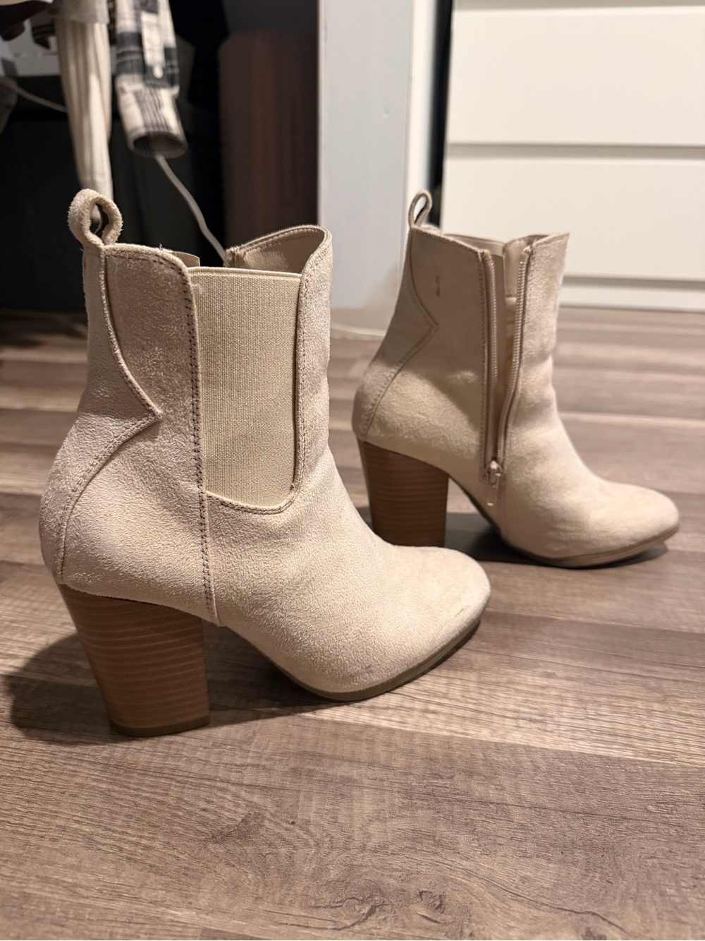 Women's Beige Suede Block Heel Ankle Boots